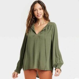 Knox Rose Olive Green Women's Long Sleeve Embroidered Flowy Boho Top L